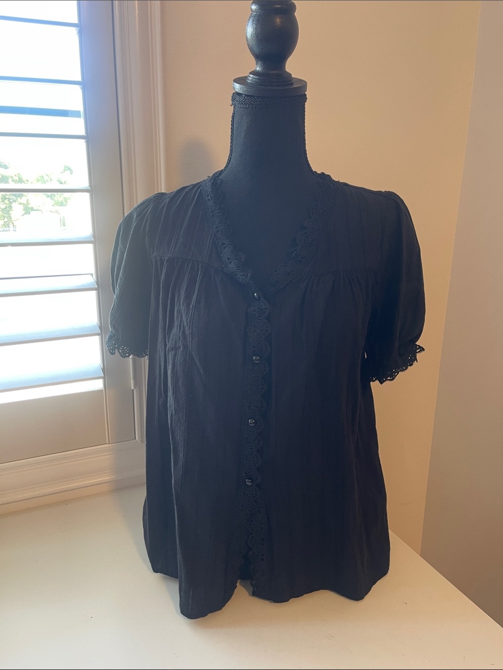 Hayden Black Lace-Trim Button Front Short Sleeve Blouse
